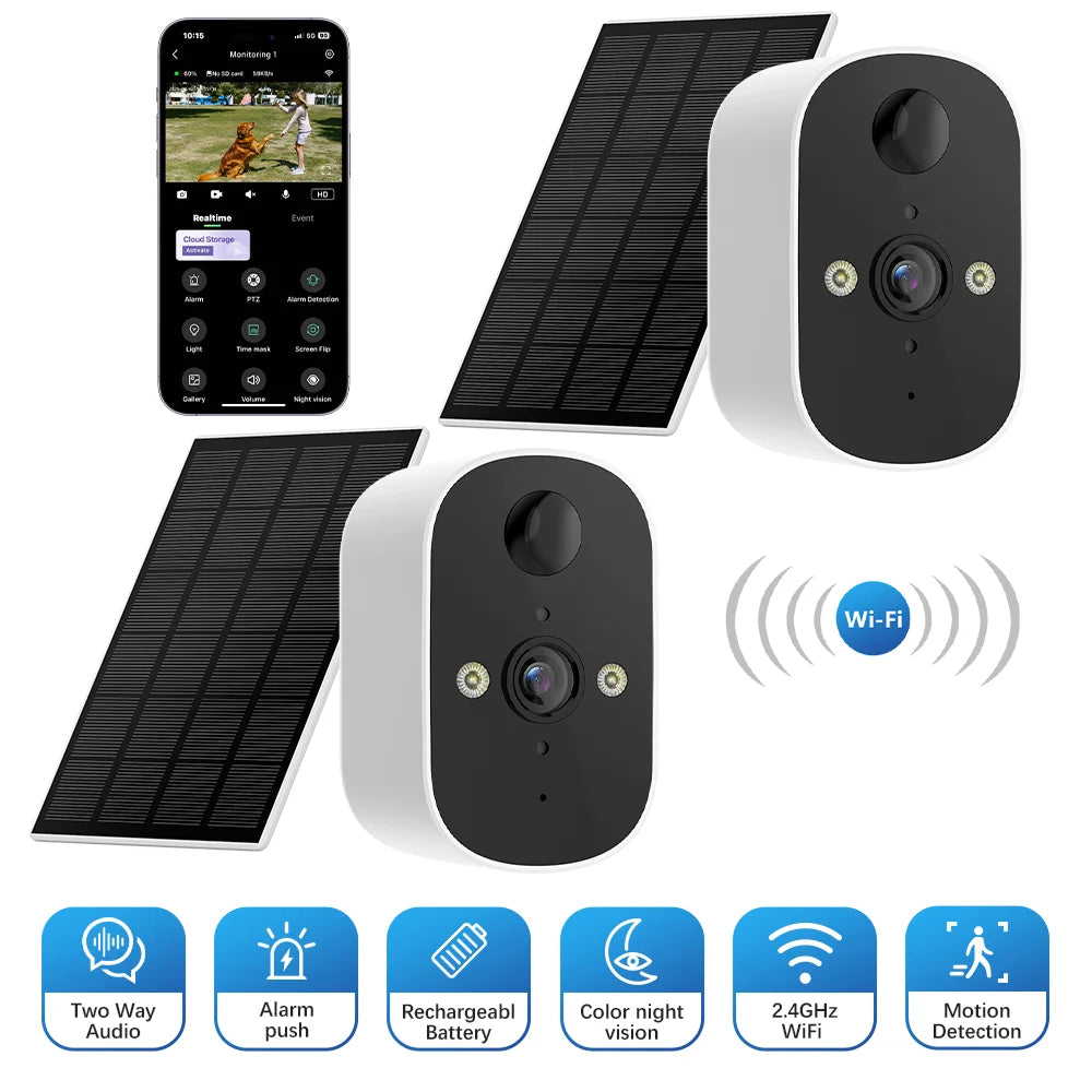 Solar Security Camera Wireless Outdoor 3MP Home Surveillance IP65 Waterproof Color Night Vision Two Way Audio Human Detection