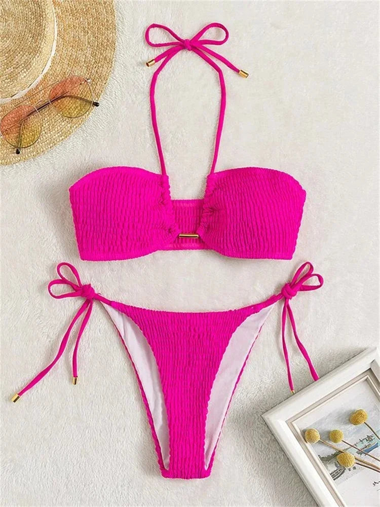 Sexy Triangle Bikini 2026 Women Red Black Ribbed Push Up Micro Swimsuit Cut Out Metal Designer Bathing Suit Knot Thong Swimwear