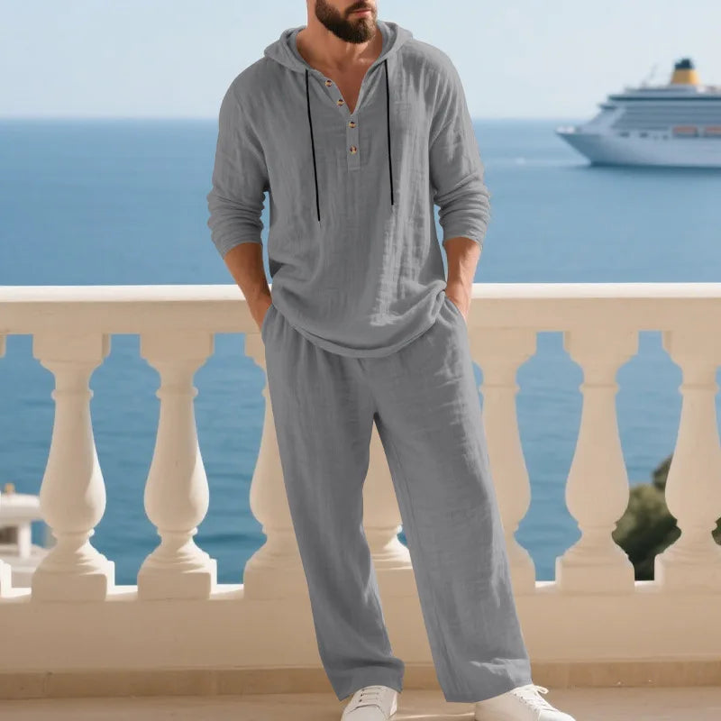 Men's Linen Hooded Sets 2 Piece Outfit Summer Casual Long Sleeve Hoodie and Wide Leg Pants Set for Men