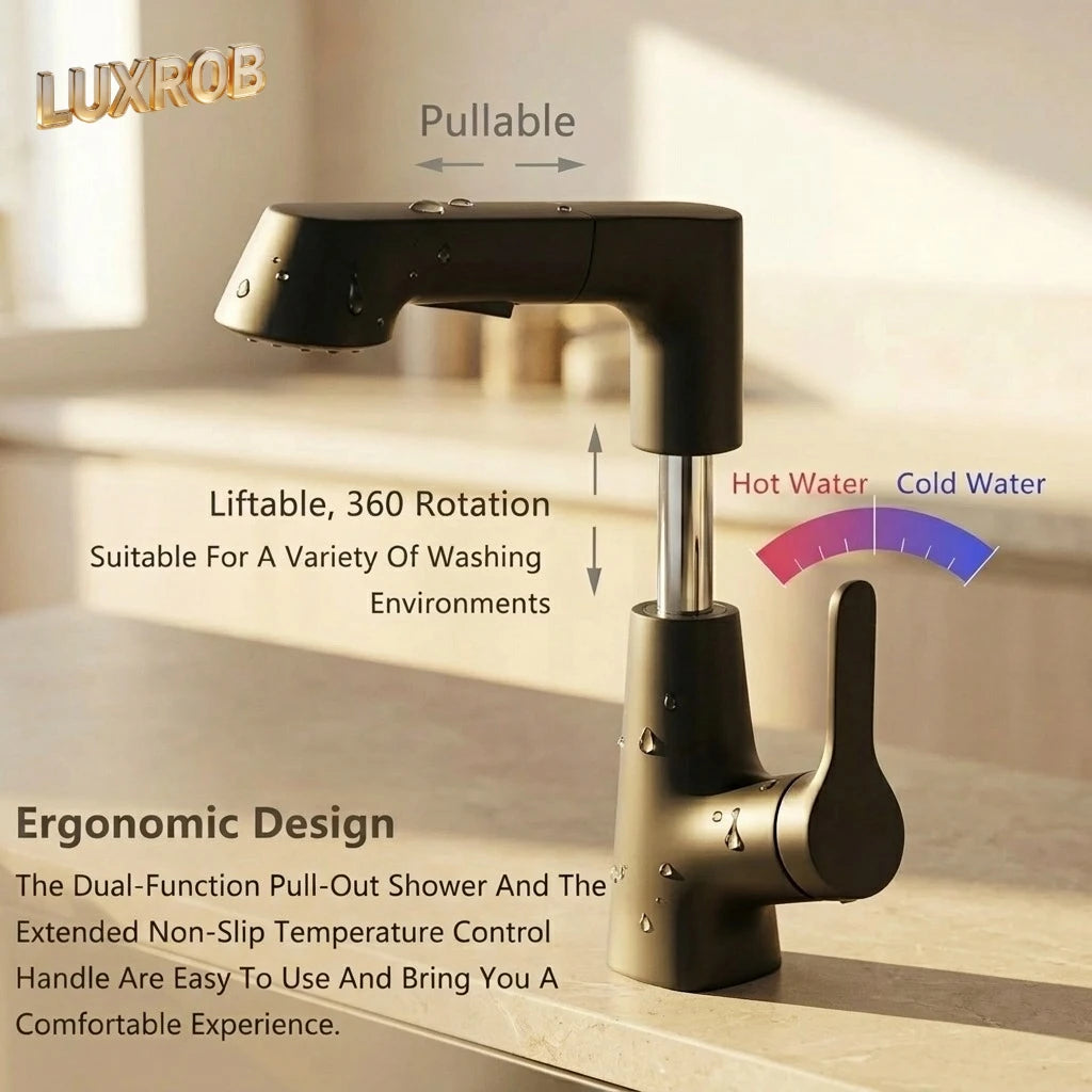 2026 New Rotary Pull-out Bathroom Sink Faucet Hot & Cold Water 3 Modes Water Outlet Stylish Modern Design Basin Mixer Tap