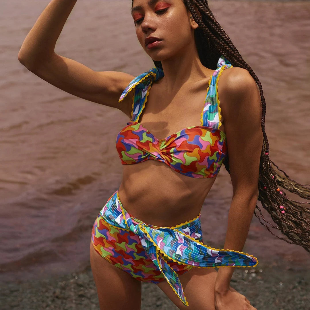 2026 Sexy Bikini Set Women High Waist Classic Off Solid Ruffle Sleeves Swimwear Red Separate Deep V Swimsuit Vintage Beach Set