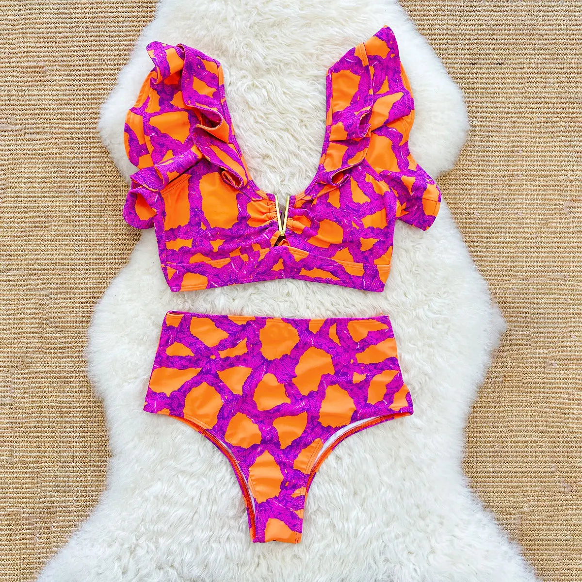 2026 Sexy Bikini Set Women High Waist Classic Off Solid Ruffle Sleeves Swimwear Red Separate Deep V Swimsuit Vintage Beach Set