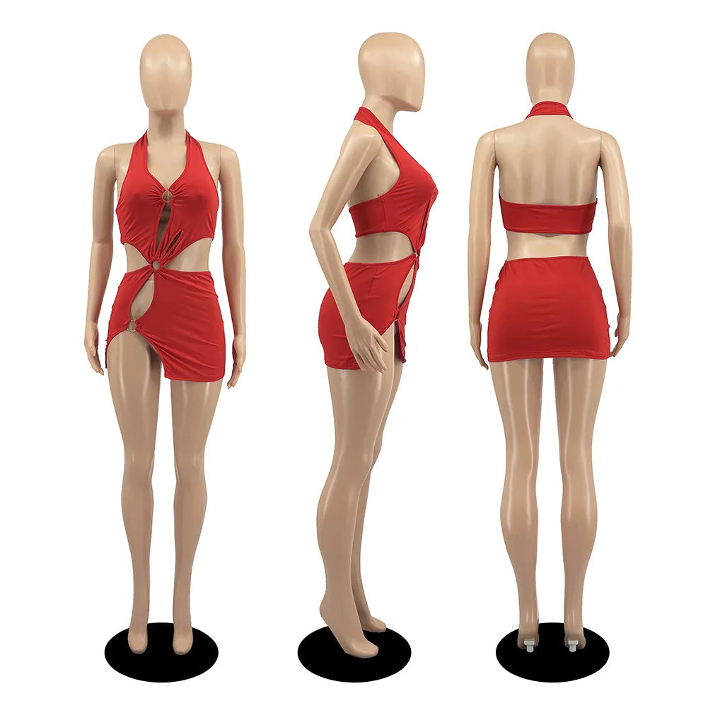 Summer Dresses Woman 2022 High Street Stretch Slim Hollow Sexy Mini Bodycon Dress Elegant Orange Sleeveless Club Party Sundress
