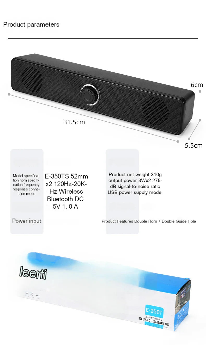HOMEFISH  BT5.0 Soundbar Speaker Wired Wireless Dual Mode 9D Surround Stereo Bass Anti-Interference for PC TV Phone Gaming