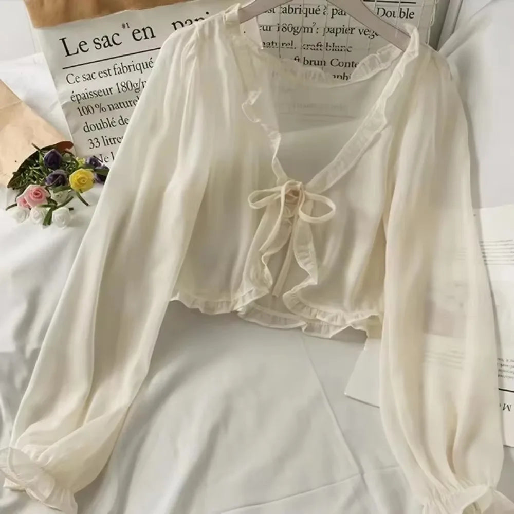 Summer Ruffled Shawl Solid Color Chiffon Women's Long Sleeve Thin Y2K Coat Cape Bolero Summer Wear Cloak Shrug  For Vacation