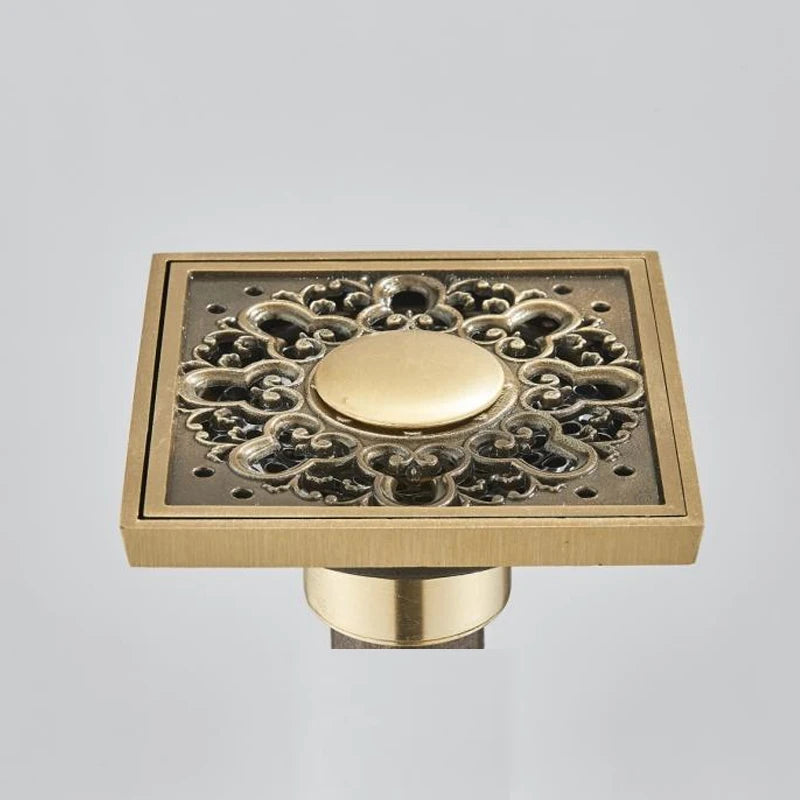 Shower Drains 10*10cm Square Bath Drains Strainer Hair Antique Brass Fish Carved Bathroom Floor Drain Waste Grate Drain