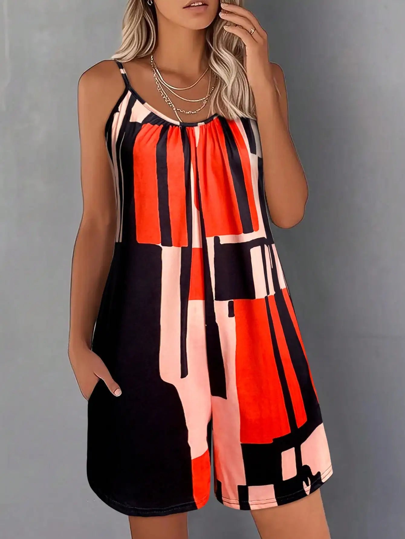 summer outfits for women,New Geometric Pattern Summer Sleeveless Jumpsuit For vacation outfits women,daily jumpsuit for women
