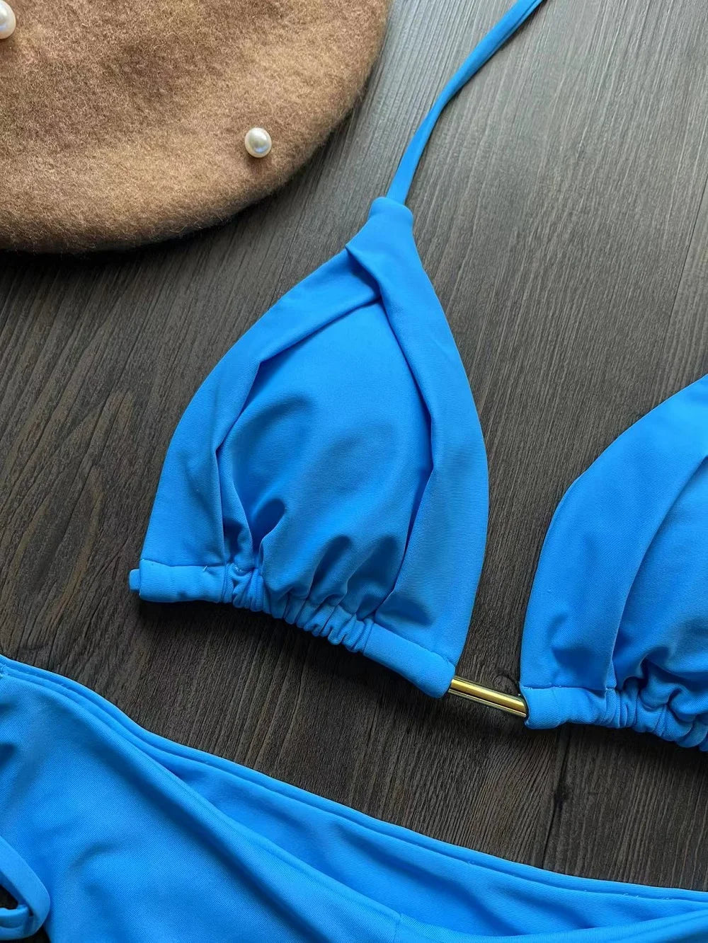 Solid color bikini set 2026 women's new swimsuit 2-piece set bead neck hanging bikinis summer beach Swimwear