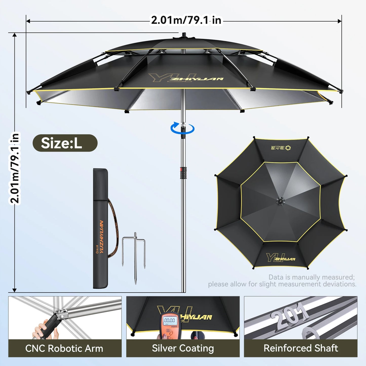 Large Fishing Outdoor Umbrella | Beach Sun Umbrella UPF 50+ Sun UV Protection Waterproof Windproof Foldable Portable Adjustable