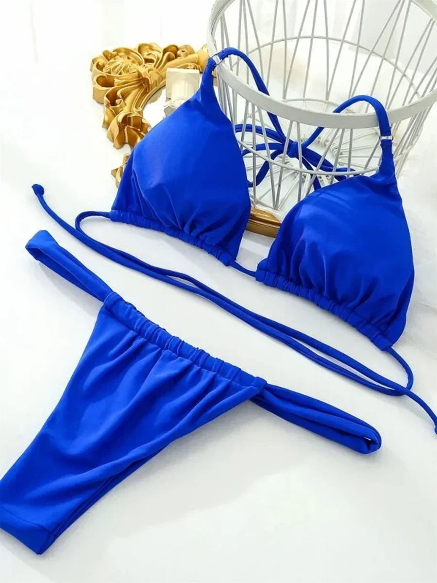 PU Pleated Ruched Bikinis Mini Micro Thong Bikini Women Swimwear Female Swimsuit Two-pieces Bikini Set Halter Bathing Suit Swim