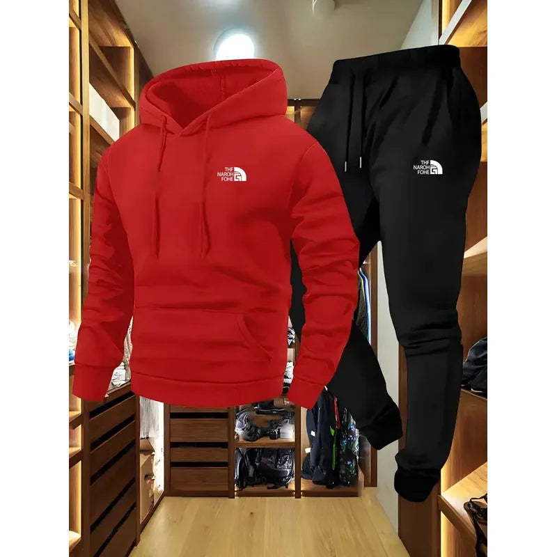 Men's Autumn and Winter Pattern Casual Two-Piece Set Hooded Sweatshirt and Pants with Pockets Regular Fit Outdoor Sport Suit