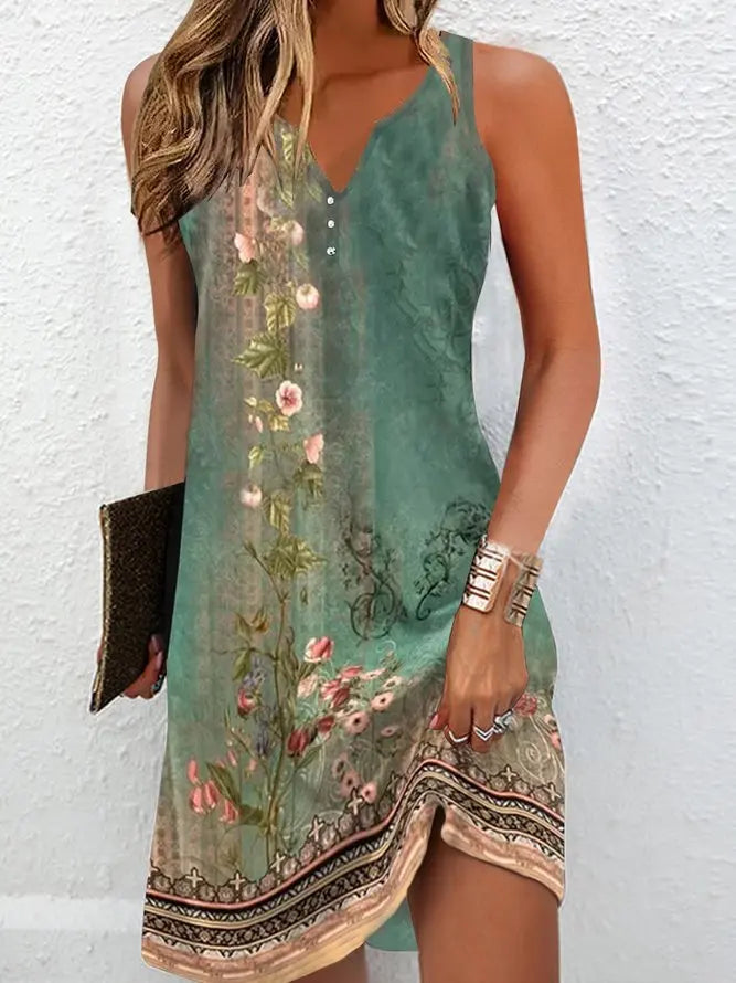 Summer Beaded Dresses for Women 2023 Fashion Stitching V Neck Loose Bohemian Vacation Basic Sleeveless Party Dresses Vestidos