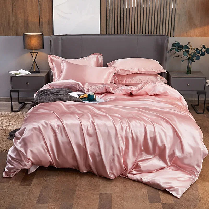 Solid Color Silk-like Bedding European and American Bed Sheet Quilt Cover Pillowcase