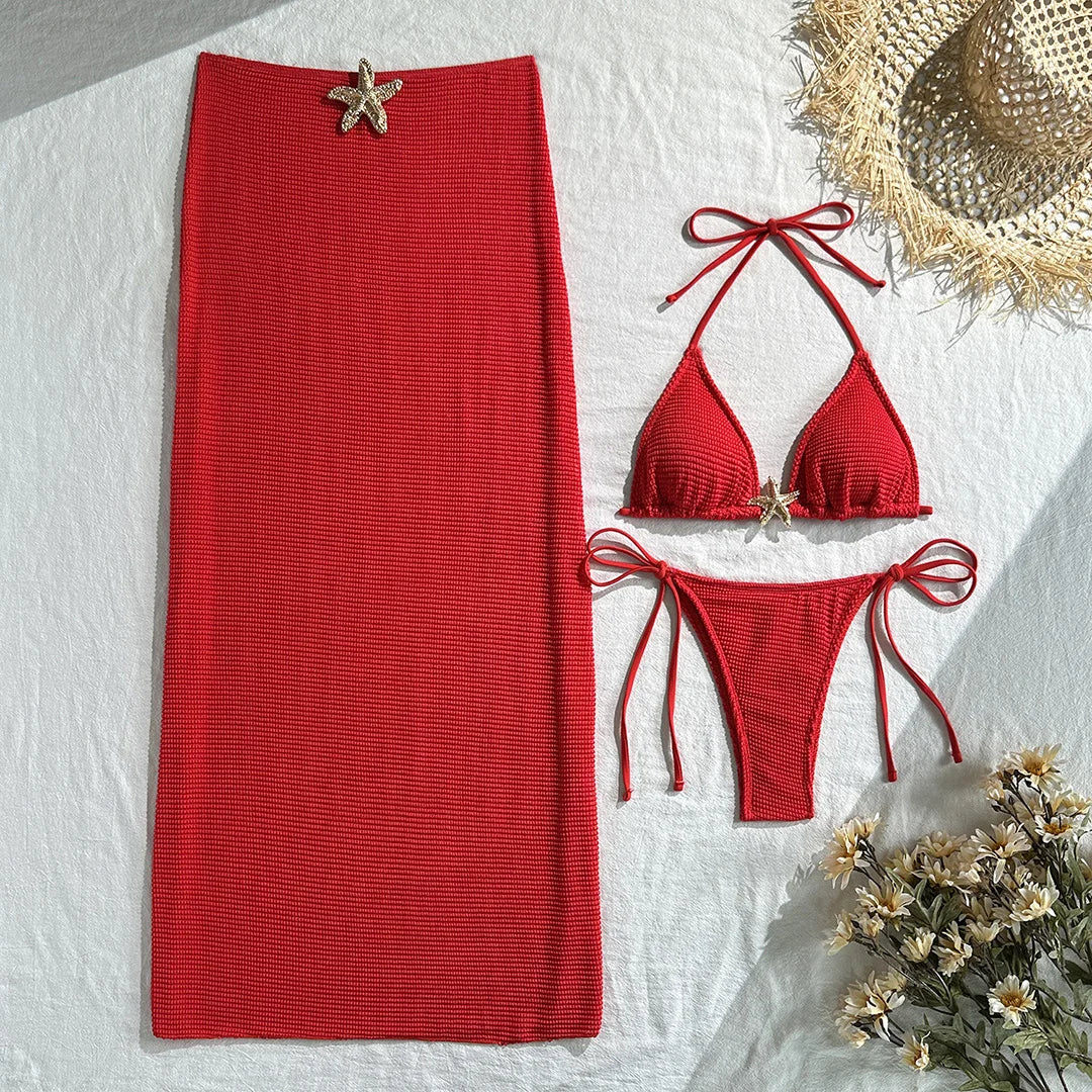 Metal Star Halter With Skirt Bikini Female Swimsuit Women Swimwear Three-pieces Bikini set Padded Bather Bathing Suit Swim V6740