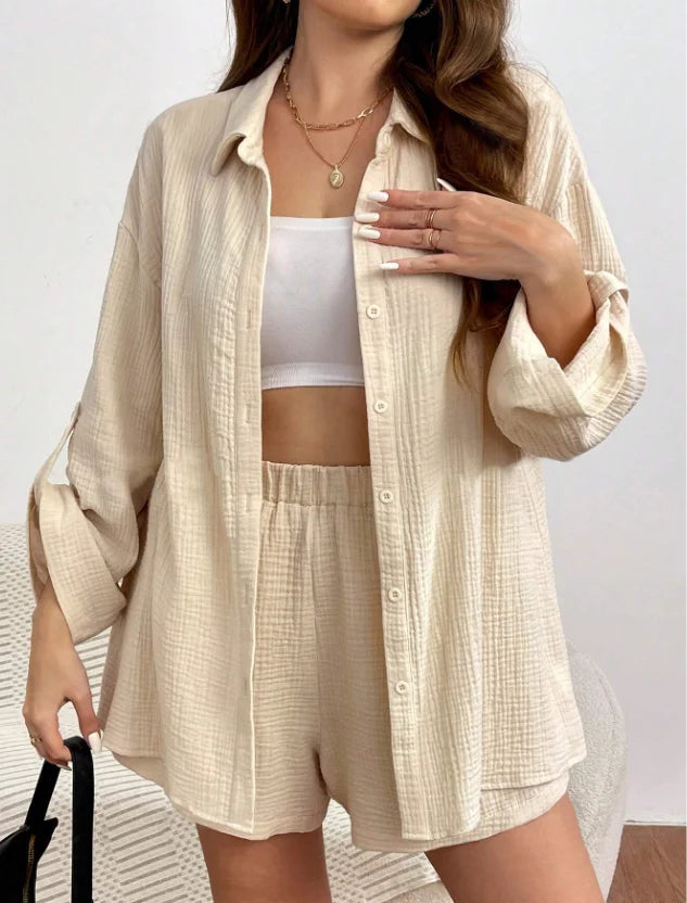 Solid Color Casual Loose Short Pants Sets For Women 2025 Elegant Summer Women's Two Pieces Suit Full Set Female Outfit Clothes