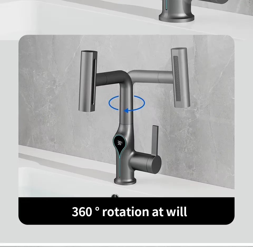 Lift Up Down Stream Sprayer Hot Cold Water Sink Mixer Wash Tap For Bathroom Waterfall Temperature Digital Display Basin Faucet
