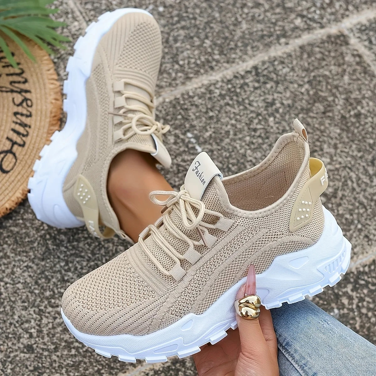 Fashion Women's Casual Knit Sneakers Breathable Lightweight Soft Sole Non Slip Outdoor Walking Shoes