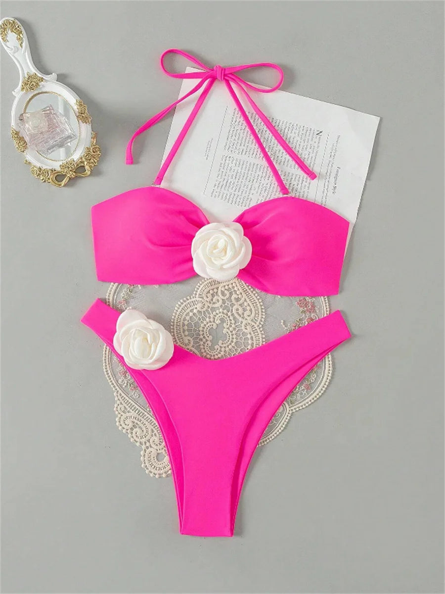 3D Flowers Bandeau Bikini 2024 Women Sexy Green Contrast Push Up Micro Swimsuit Bathers Bathing Suit Thong Swimwear Beachwear