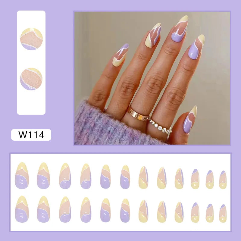 24Pcs/Set Fake Nails With Glue Full Cover Nail Tips Press On Med Nails DIY Manicure Oval Head False Nails Pink Almond Artificial