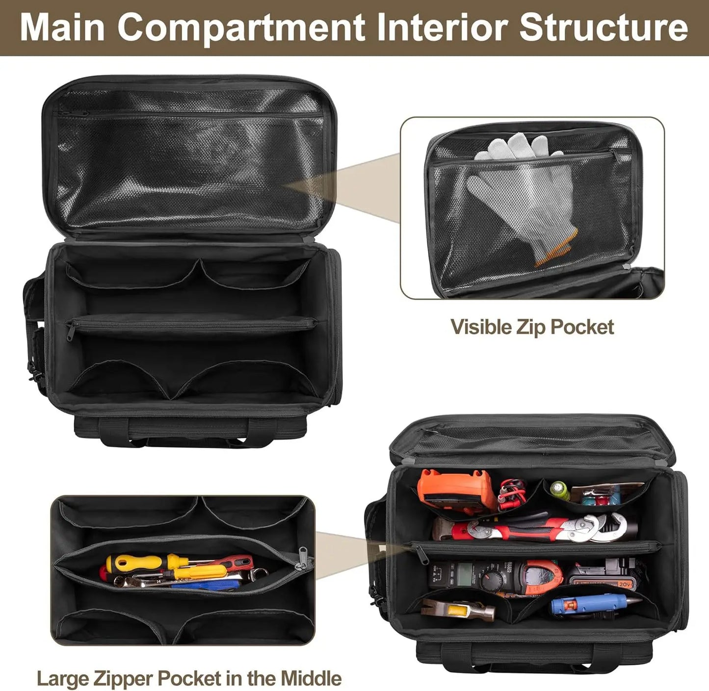 14" Heavy Duty Tool Bag Multipurpose Work Organizer for Handyman,Carpenter,Durable Portable Tool Storage