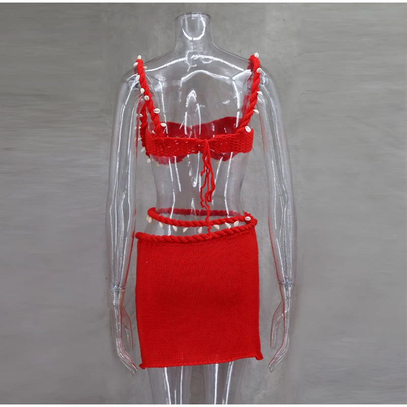 Knit Woven Bra Top Skirt Sets Women Twist Strap Sleeveless Backless Corset Long Skirts Suits Female 2 Pieces Seaside Vacation