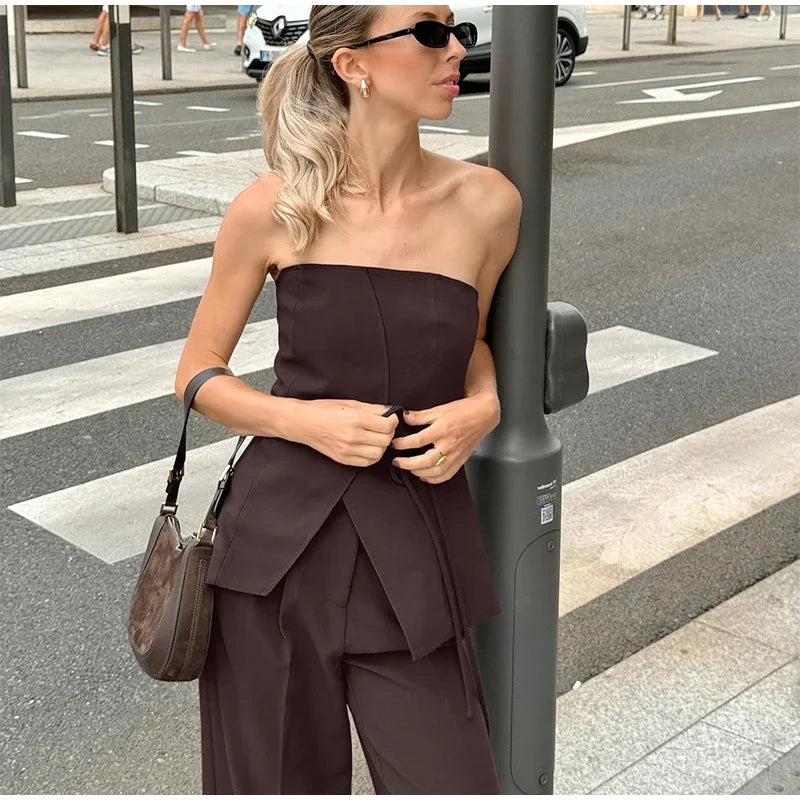 Women Pant Sets Sexy Backless Straps Sleeveless Lace Up Vest Loose Wide Leg Pants Suit Female Summer Fashion Lady Outfits