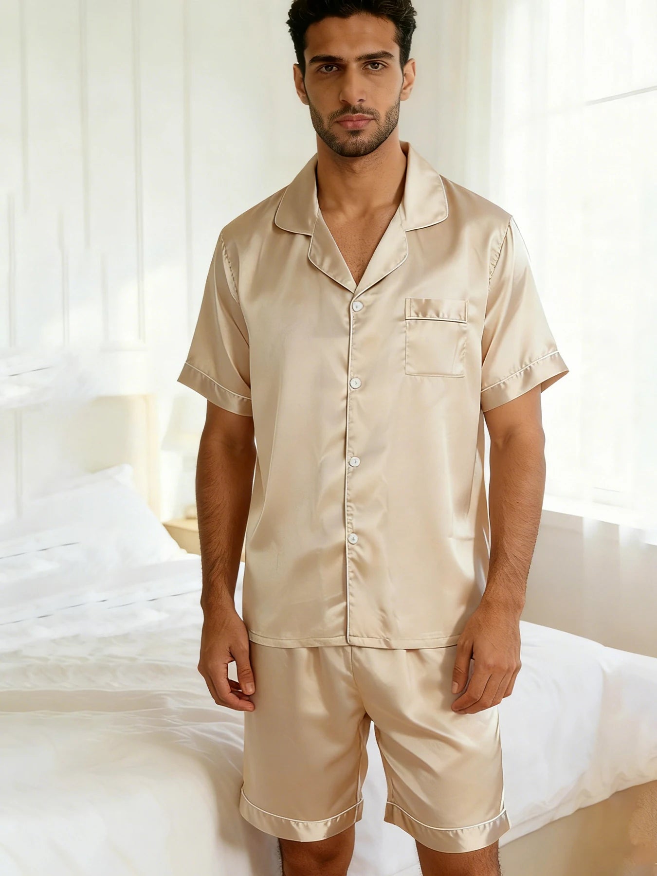 Men Satin Short Sleeve Pajama Set Summer Sleepwear for Man Button-Down Shirt & Elastic Waist Shorts Pajamas Home Clothes 2 Piece