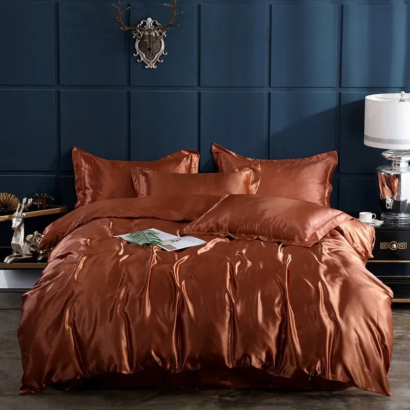 Solid Color Silk-like Bedding European and American Bed Sheet Quilt Cover Pillowcase