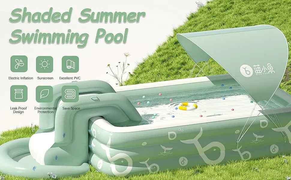 Inflatable Pool with Canopy and Slide,Large Inflatable Swimming Pool for Persons,Family Pool for Backyard, Outdoor