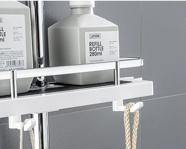 Bathroom Shower Storage Rack Organizer Pole Shelves Shampoo Tray Stand Single Tier No Drilling Lifting Rod Shower Head Holder