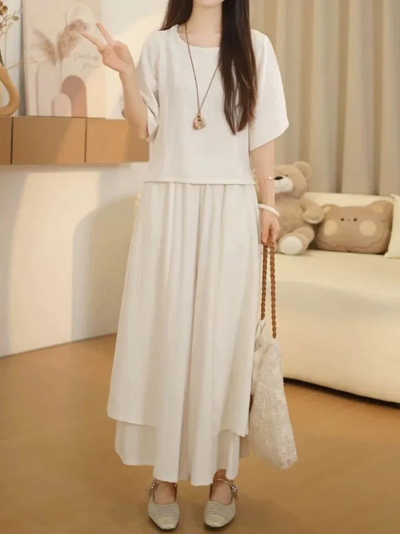 Fashionable Summer Outfit Women's Slimming Short Sleeve T-Shirt Skirt Pants Drapey Casual Meat Concealing Two-Piece Set