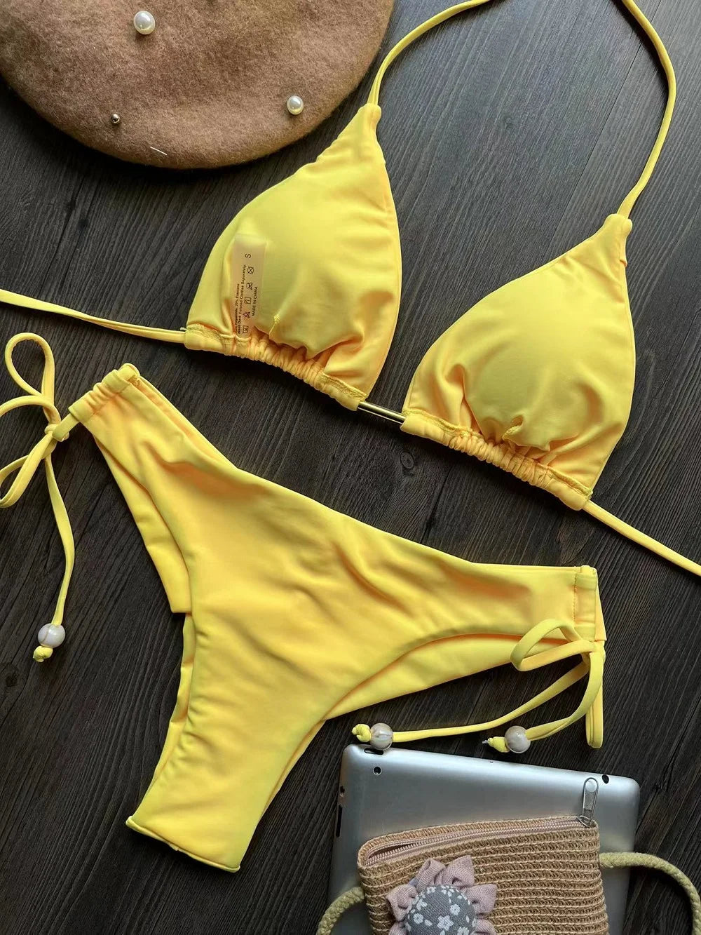 Solid color bikini set 2026 women's new swimsuit 2-piece set bead neck hanging bikinis summer beach Swimwear