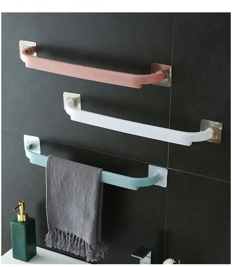 Adhesive Towel Rack for Bathroom Towel Bar Bath Shelf Wall Mounted Towel Hanger Toilet Suction Cup Holder Kitchen Organizer