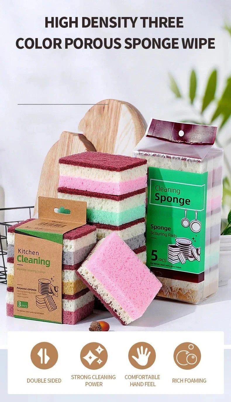 Dishwashing Cleaning Sponge High Density Strong Stain Removal Kitchen Bathroom Dish Washing Cleaning Tool 3-Color Porous Sponge