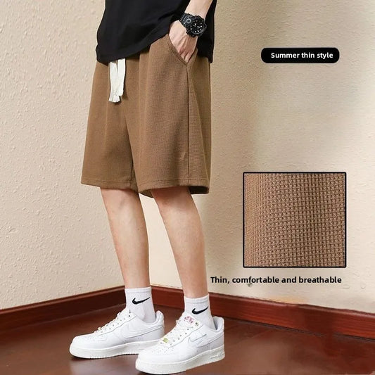 Men's Solid Color Summer Waffle Shorts for Casual, Loose, Breathable, Thin, Basketball Sports, Cropped Shorts, Beach Pants