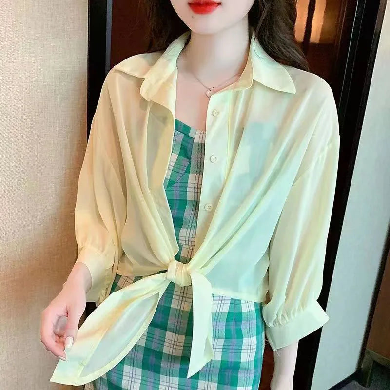 Xpqbb Summer Sun Protection Shirts Ladies Solid Color Tied Waist Half Sleeve Button Blouse Women Casual Loose Chiffon Shirt