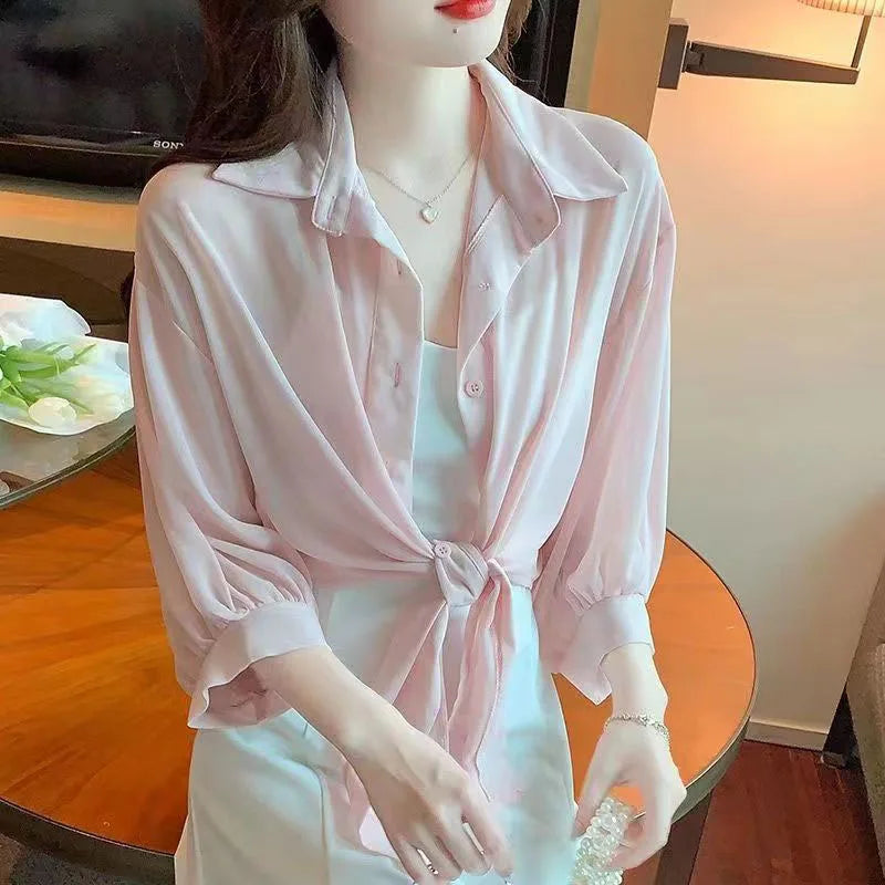 Xpqbb Summer Sun Protection Shirts Ladies Solid Color Tied Waist Half Sleeve Button Blouse Women Casual Loose Chiffon Shirt