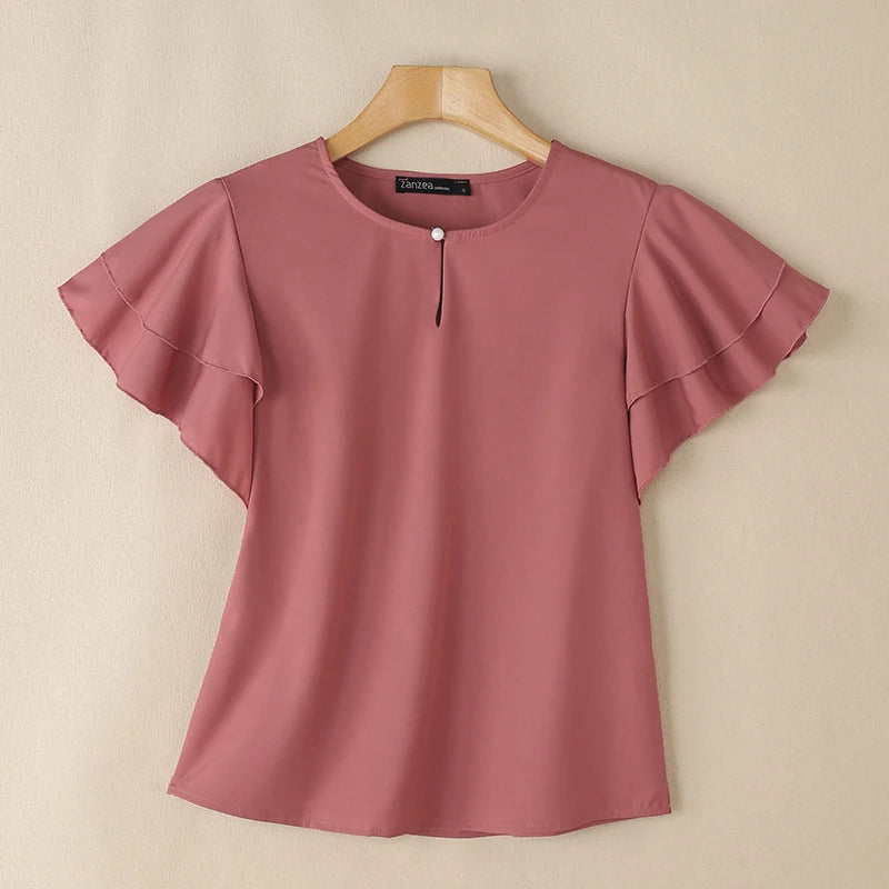 2026 ZANZEA Summer Elegant Short Sleeve Office Blouse Women Shirt Casual Solid OL Work Tops Fashion O Neck Holiday Tunic Mujer