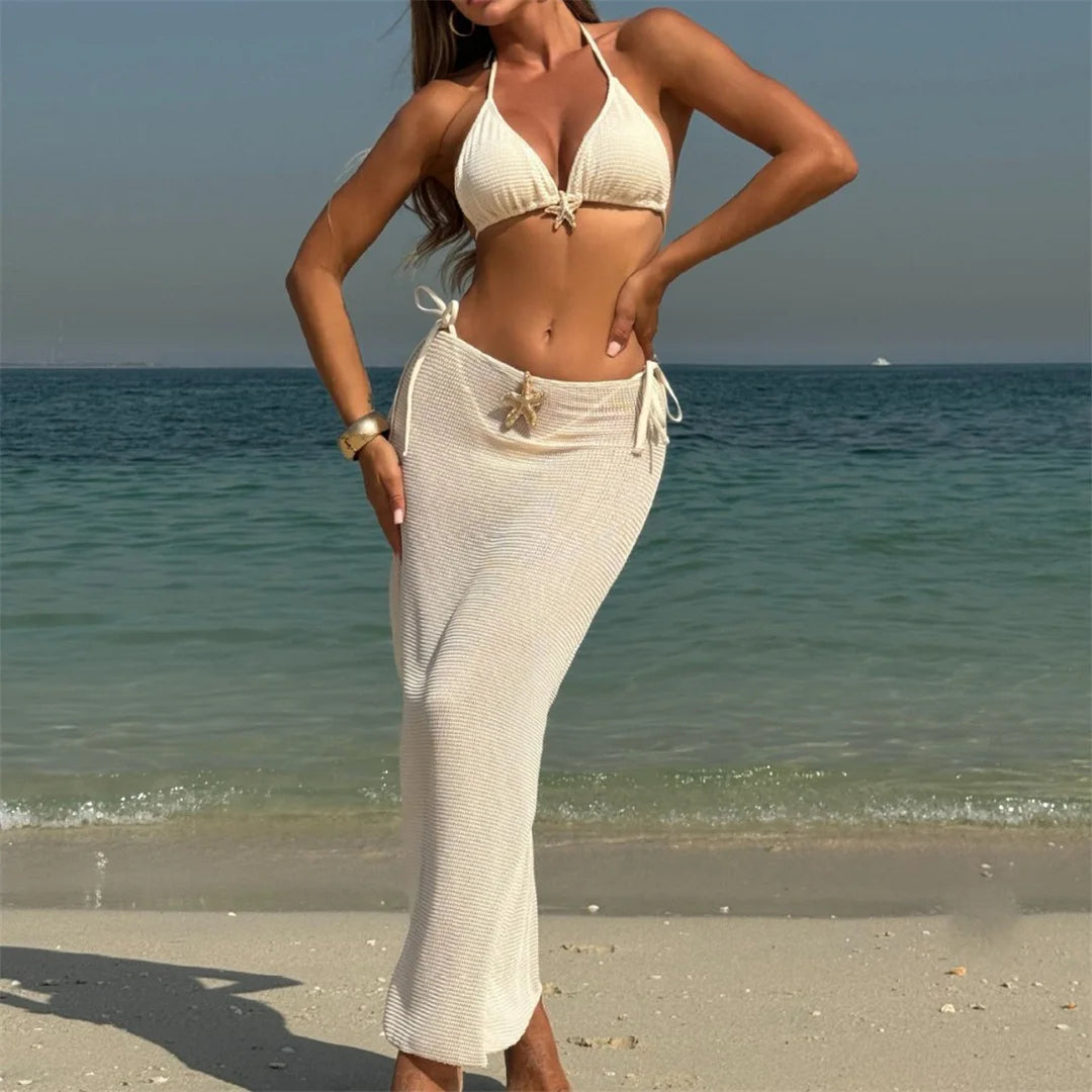 Metal Star Halter With Skirt Bikini Female Swimsuit Women Swimwear Three-pieces Bikini set Padded Bather Bathing Suit Swim V6740
