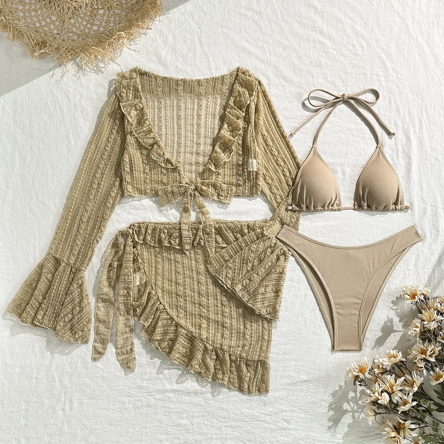 Sexy 4 Pieces Bikinis Sets Women Mesh Long Sleeve Cover Up Beach Skirt Swimwear Holiday Beach Bathing Suit Patchwork Swimsuit