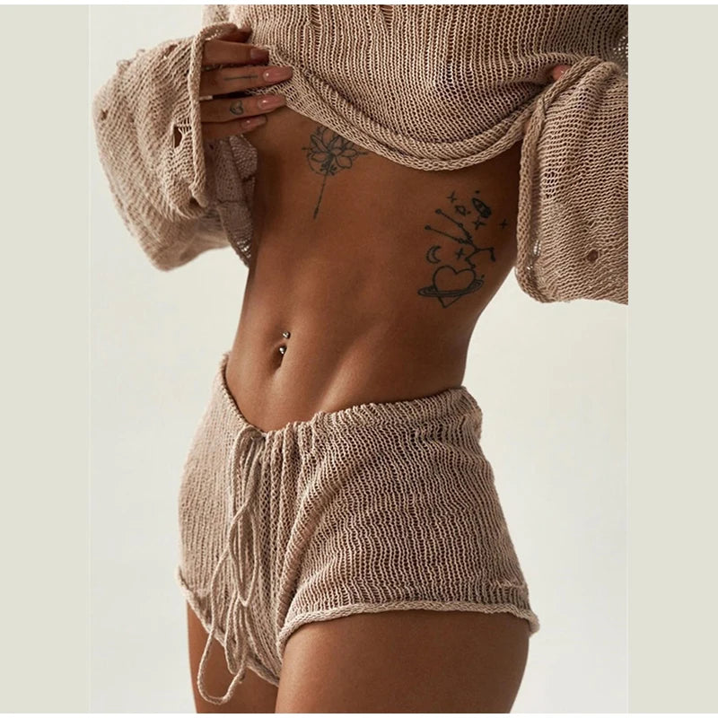 2023 Sexy Beach Crop Top Shorts Sets Women Knit Long Sleeve Lace Up Female Suit Summer Holiday See Through 2 Piece Set Womens