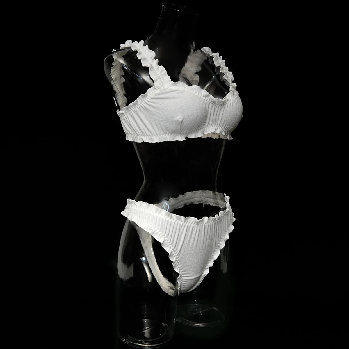 Sexy Women  Ruffle Edge Lingerie Set Breathable Hollow Eyelet Texture Bralette & High‑Cut Thong Soft Cotton Daily Intimate Wear