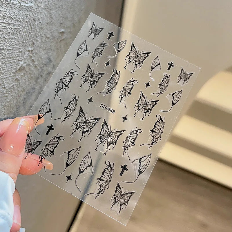 1PCS Black White Butterfly Laser Nail Stickers Y2K Nail Art Decoration Abstract Lines Bronzing Flowers Stickers For Nails