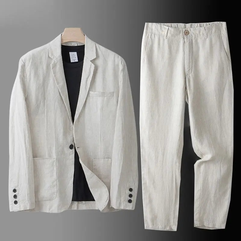 2026Summer Linen Suit Sets Men's Blazers Pants Suit Loose Casual High Street Sunscreen Jackets Long Trousers Set Male Clothes