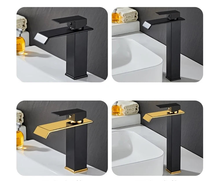 Waterfall Basin Faucet Gold and Black Sink Waterfall Mixers Bathroom Faucet Deck Mounted Washbasin Taps