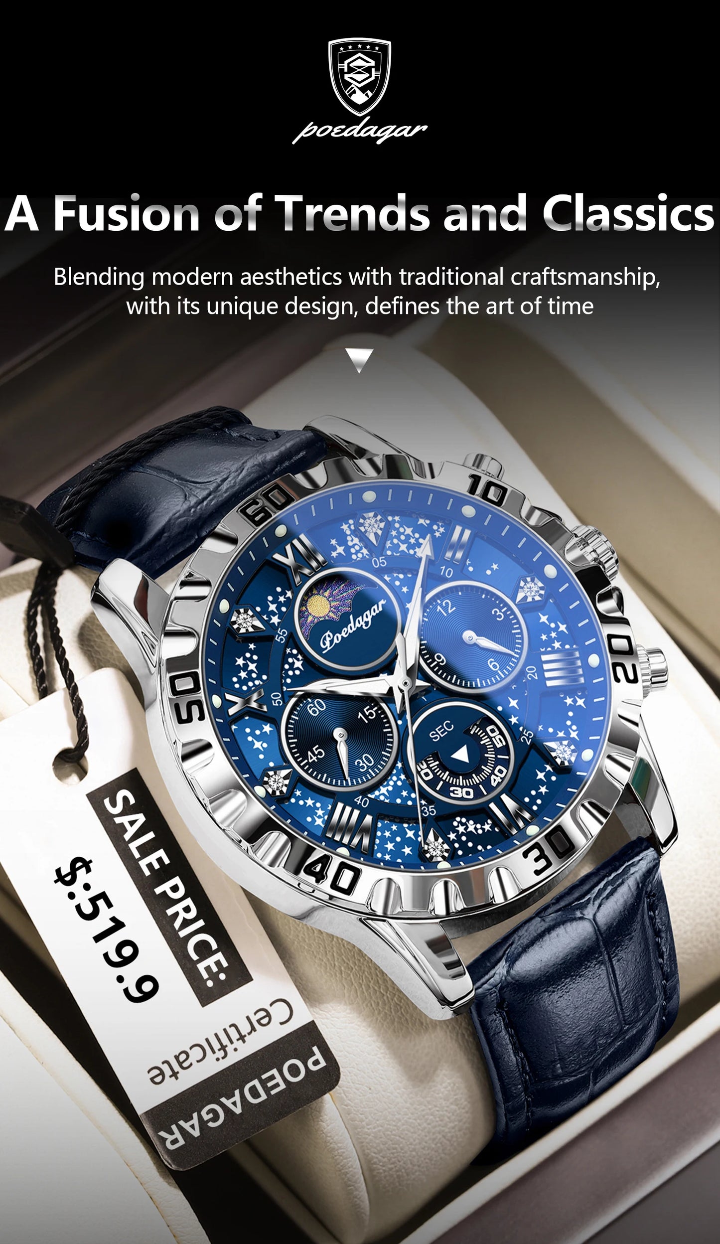 POEDAGAR Luxury Fashion Man Watch Waterproof Luminous Chronograph Leather Watches For Men Sports Outdoor Men's Quartz Wristwatch