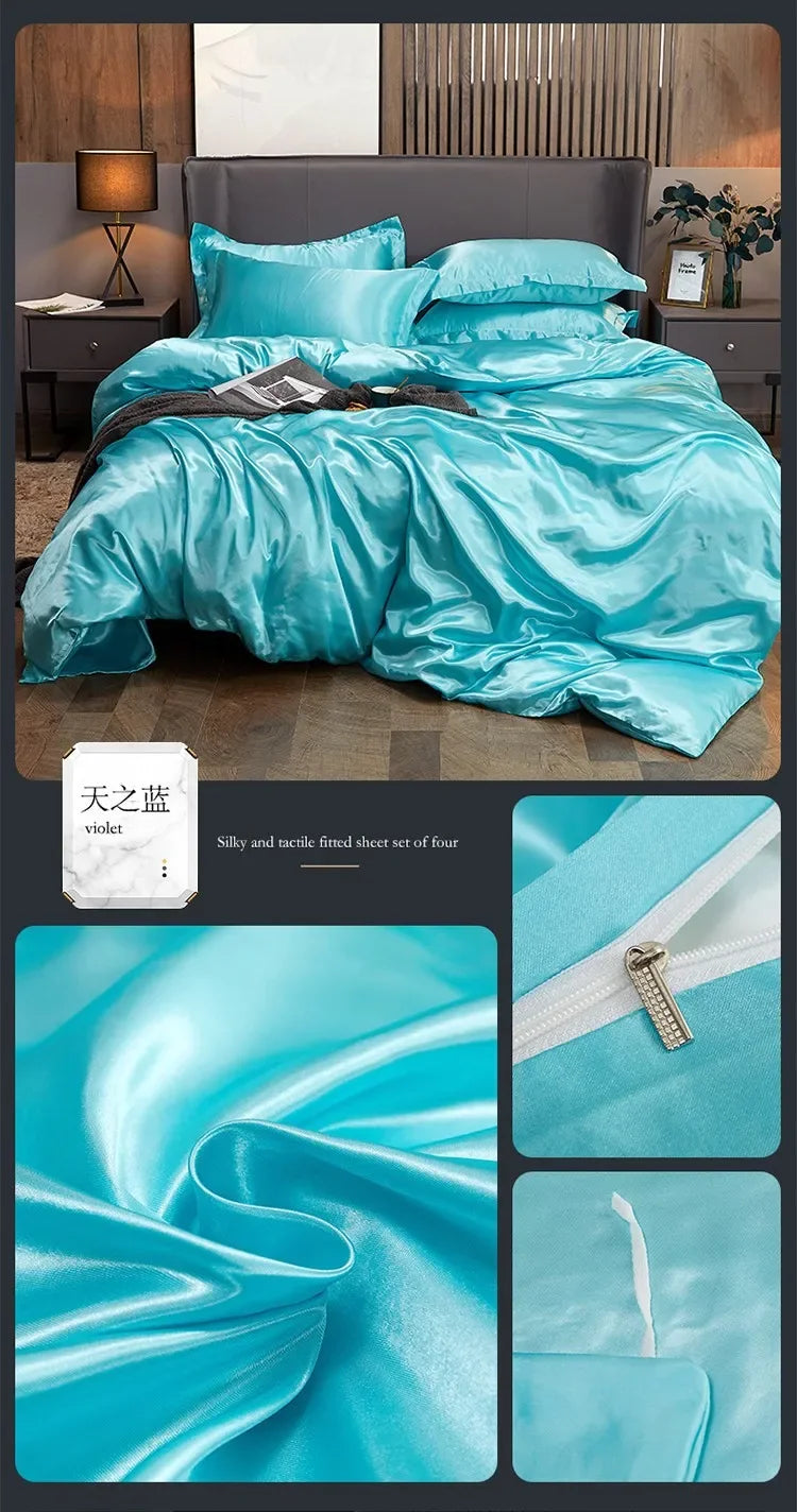 Solid Color Silk-like Bedding European and American Bed Sheet Quilt Cover Pillowcase