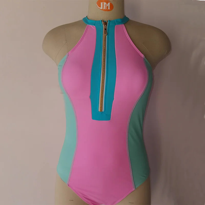 New Color Contrast Bikini Women's Conservative Zipper Swimsuit One-piece Swimwear Trend 2023 Kawaii Swimsuit