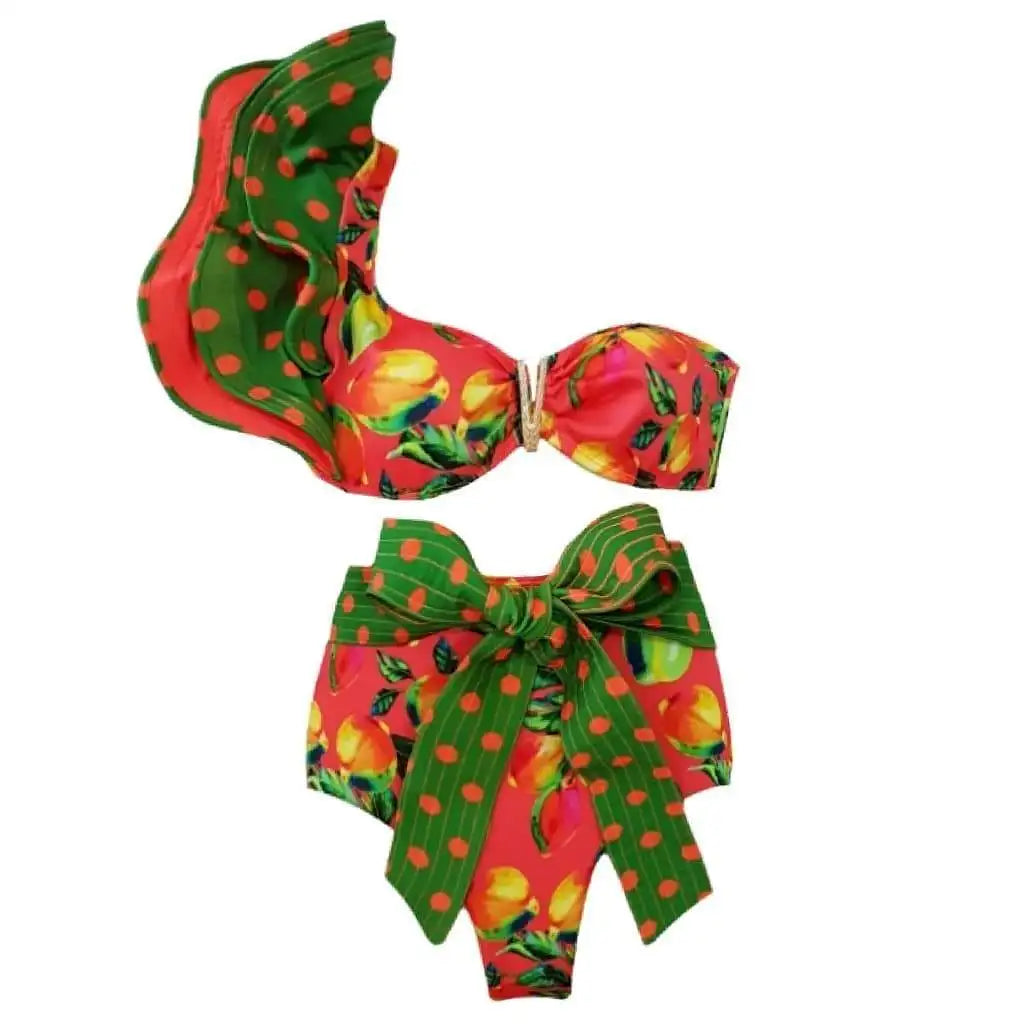 2026 Sexy Bikini Set Women High Waist Classic Off Solid Ruffle Sleeves Swimwear Red Separate Deep V Swimsuit Vintage Beach Set