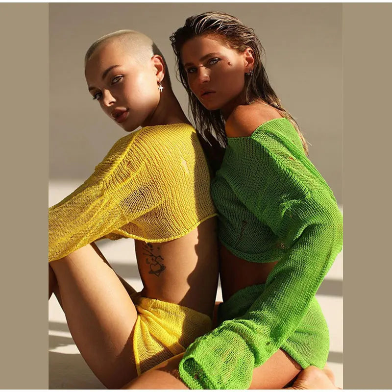 2023 Sexy Beach Crop Top Shorts Sets Women Knit Long Sleeve Lace Up Female Suit Summer Holiday See Through 2 Piece Set Womens
